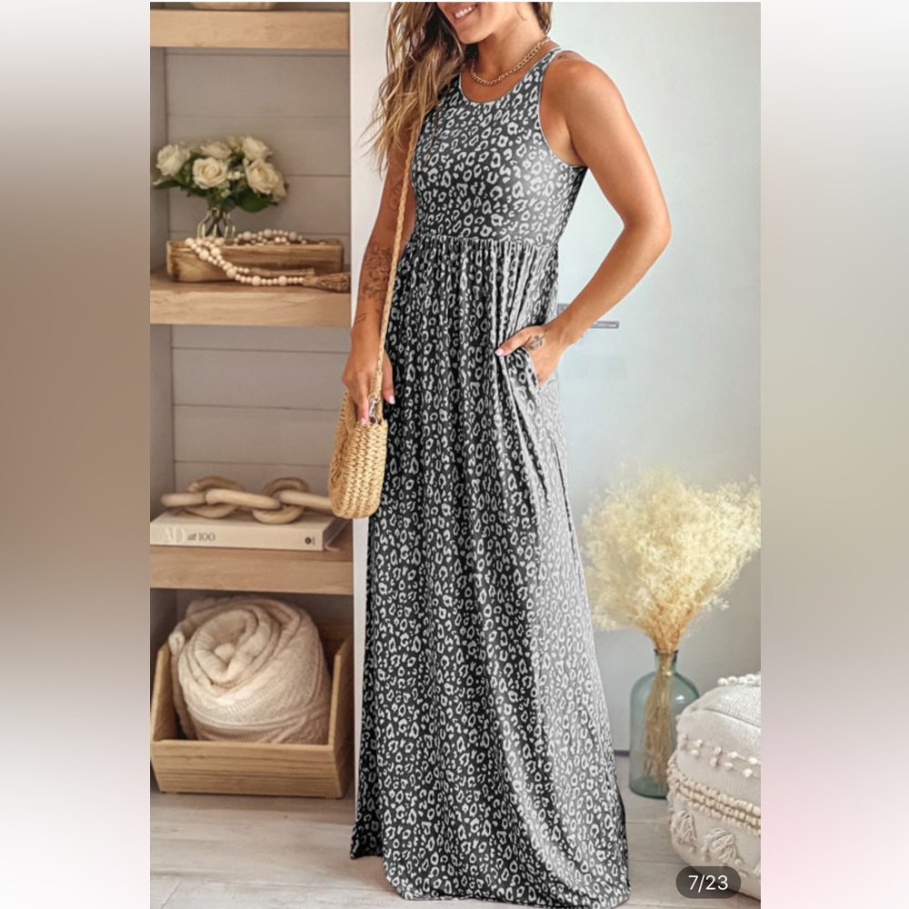 Gray Leopard print pocketed sleeveless maxi dress, pockets, NWT - Picture 4 of 7